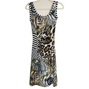 Joseph Ribkoff Scoop Neck Dress Mixed Floral/Animal Print Stretchy 90s Y2K Sz 2